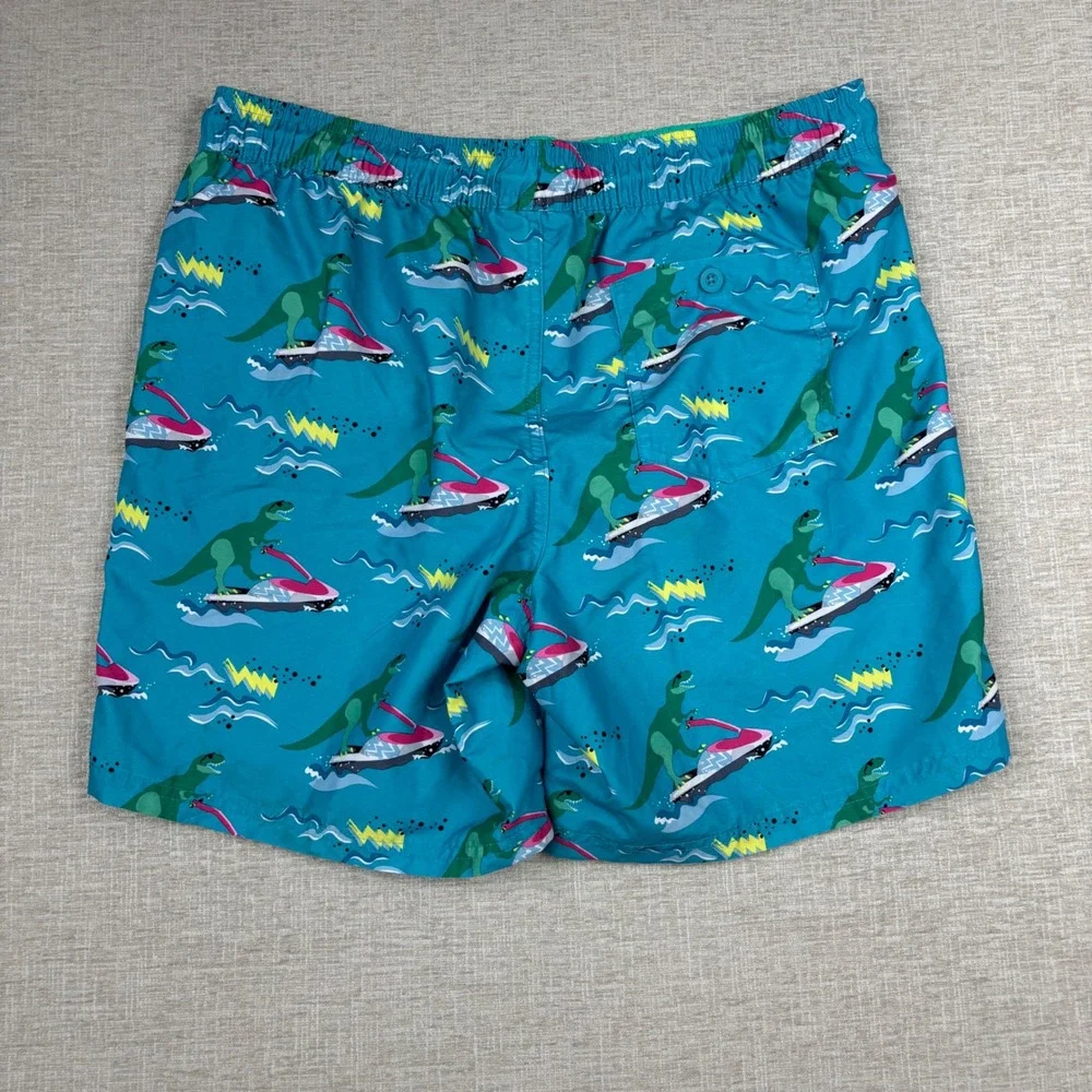 No Boundaries Mens Dinosaur Jet Ski Swim Trunks Teal Blue Graphic Shorts Large